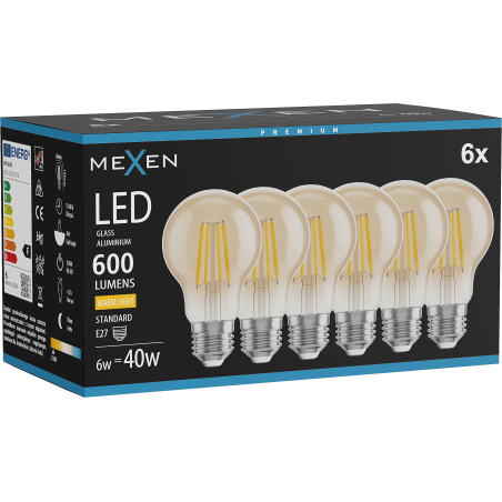 Mexen Vintis 6x LED Filament Bulb E27, A60, 6W, Warm - 2700K, 600 lm, amber - L150-E27-0627-50x06