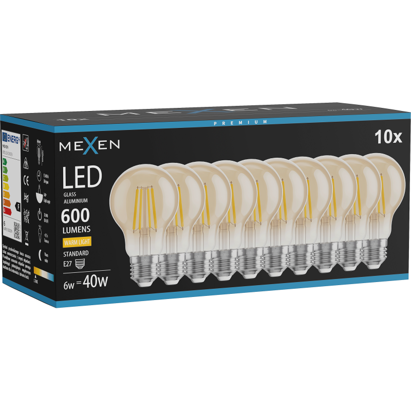 Mexen Vintis 10x LED Filament Bulb E27, A60, 6W, Warm - 2700K, 600 lm, amber - L150-E27-0627-50x10