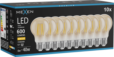 Mexen Vintis 10x LED Filament Bulb E27, A60, 6W, Warm - 2700K, 600 lm, amber - L150-E27-0627-50x10