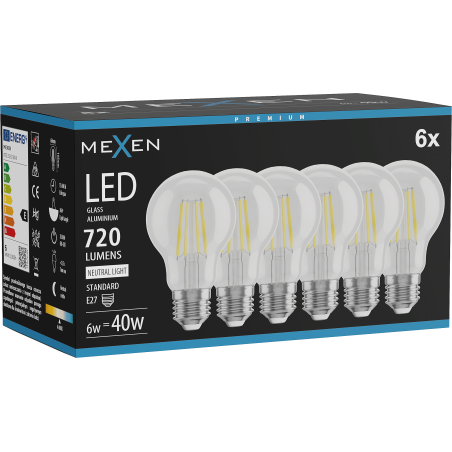 Mexen Vintis 6x Filament LED Bulb E27, A60, 6W, Neutral - 4000K, 720 lm, clear - L150-E27-0640-00x06