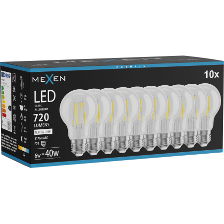 Mexen Vintis 10x LED Filament Bulb E27, A60, 6W, Neutral - 4000K, 720 lm, clear - L150-E27-0640-00x10