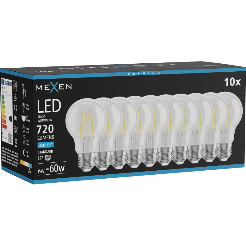 Mexen Vintis 10x LED Filament Bulb E27, A60, 6W, Cool - 6500K, 720 lm, Clear - L150-E27-0665-00x10