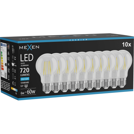 Mexen Vintis 10x LED Filament Bulb E27, A60, 6W, Cool - 6500K, 720 lm, Clear - L150-E27-0665-00x10