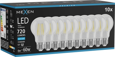 Mexen Vintis 10x LED Filament Bulb E27, A60, 6W, Cool - 6500K, 720 lm, Clear - L150-E27-0665-00x10