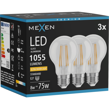 Mexen Vintis 3x Filament LED Bulb E27, A60, 8W, Warm - 2200K, 1055 lm, clear - L150-E27-0822-00x03