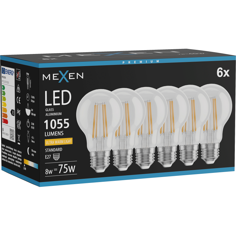 Mexen Vintis 6x LED Filament Bulb E27, A60, 8W, Warm - 2200K, 1055 lm, clear - L150-E27-0822-00x06