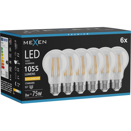 Mexen Vintis 6x LED Filament Bulb E27, A60, 8W, Warm - 2200K, 1055 lm, clear - L150-E27-0822-00x06
