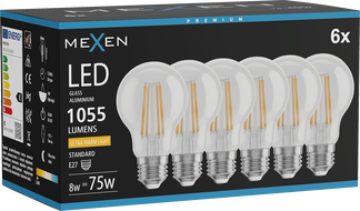 Mexen Vintis 6x LED Filament Bulb E27, A60, 8W, Warm - 2200K, 1055 lm, clear - L150-E27-0822-00x06