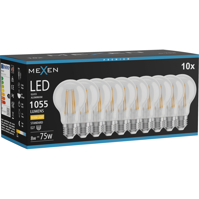 Mexen Vintis 10x LED Filament Bulb E27, A60, 8W, Warm - 2200K, 1055 lm, clear - L150-E27-0822-00x10