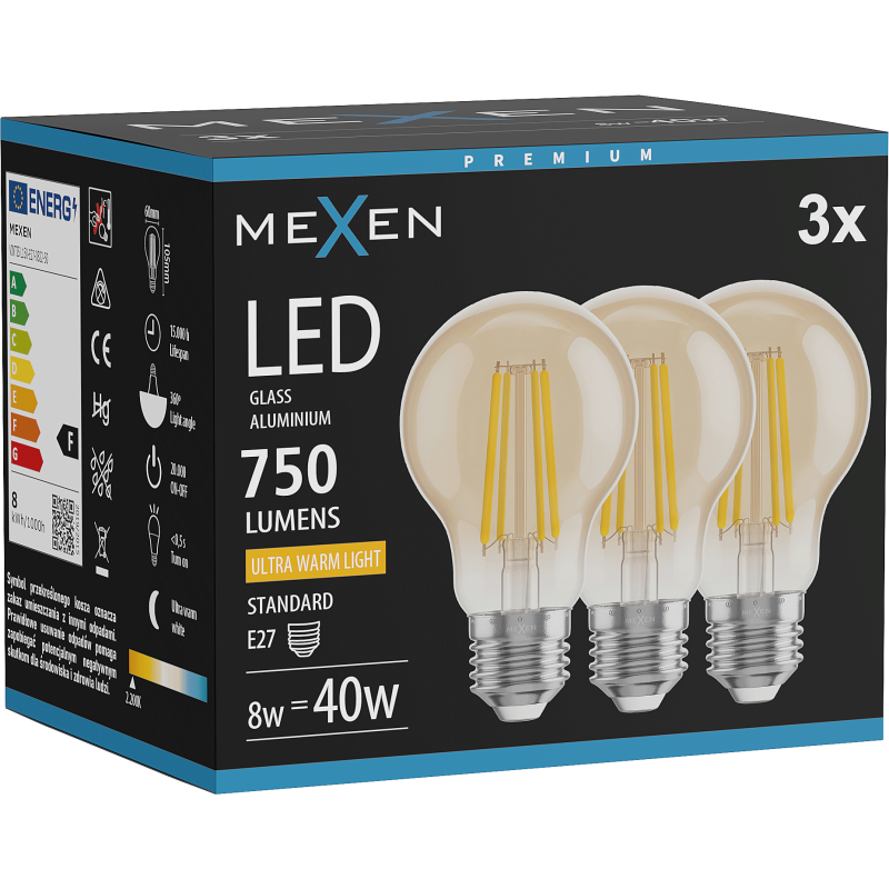Mexen Vintis 3x LED Filament Bulb E27, A60, 8W, Warm - 2200K, 750 lm, amber - L150-E27-0822-50x03