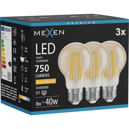 Mexen Vintis 3x LED Filament Bulb E27, A60, 8W, Warm - 2200K, 750 lm, amber - L150-E27-0822-50x03