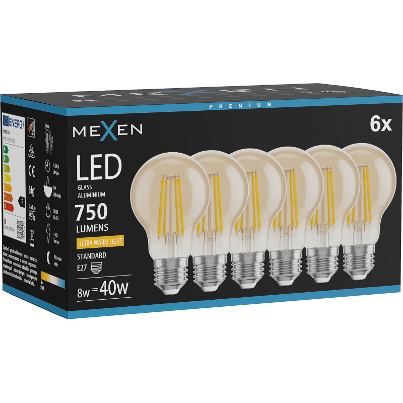 Mexen Vintis 6x LED Filament Bulb E27, A60, 8W, Warm - 2200K, 750 lm, amber - L150-E27-0822-50x06