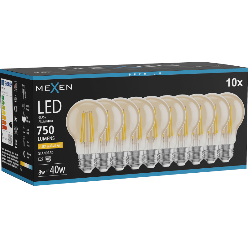 Mexen Vintis 10x LED Filament Bulb E27, A60, 8W, Warm - 2200K, 750 lm, amber - L150-E27-0822-50x10