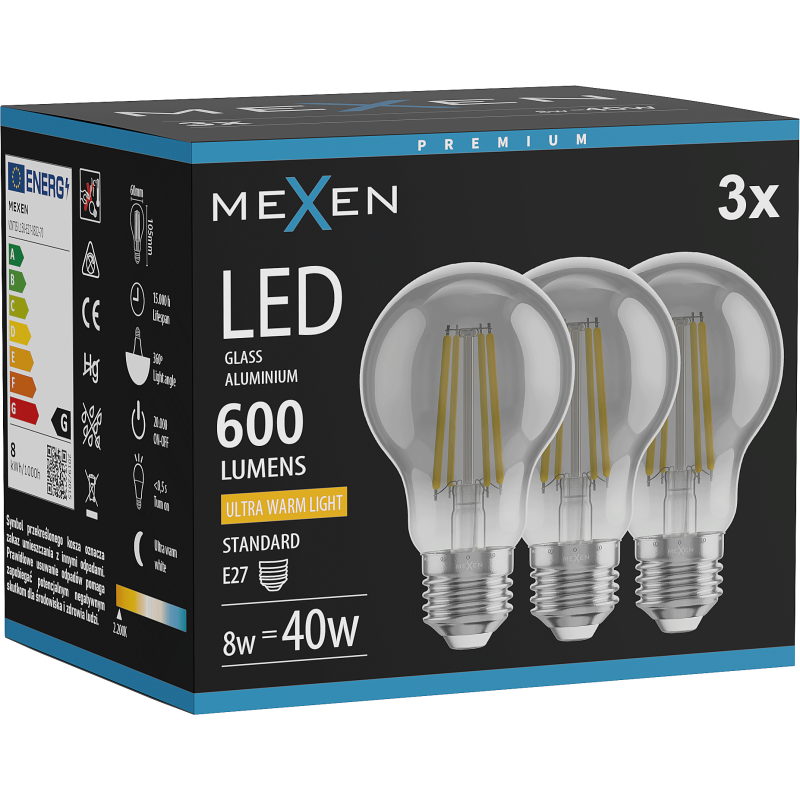 Mexen Vintis 3x LED filament bulb E27, A60, 8W, Warm - 2200K, 600 lm, smoke - L150-E27-0822-70x03
