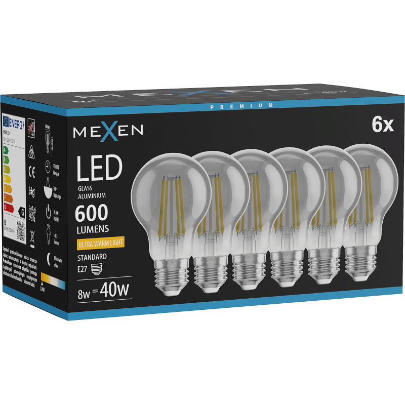 Mexen Vintis 6x LED Filament Bulb E27, A60, 8W, Warm - 2200K, 600 lm, smoke - L150-E27-0822-70x06