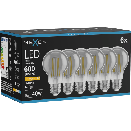 Mexen Vintis 6x LED Filament Bulb E27, A60, 8W, Warm - 2200K, 600 lm, smoke - L150-E27-0822-70x06
