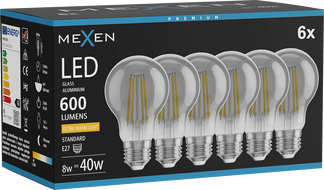 Mexen Vintis 6x LED Filament Bulb E27, A60, 8W, Warm - 2200K, 600 lm, smoke - L150-E27-0822-70x06