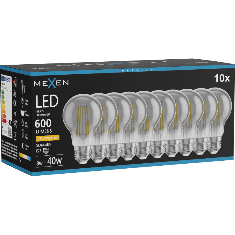 Mexen Vintis 10x LED Filament Bulb E27, A60, 8W, Warm - 2200K, 600 lm, smoke - L150-E27-0822-70x10