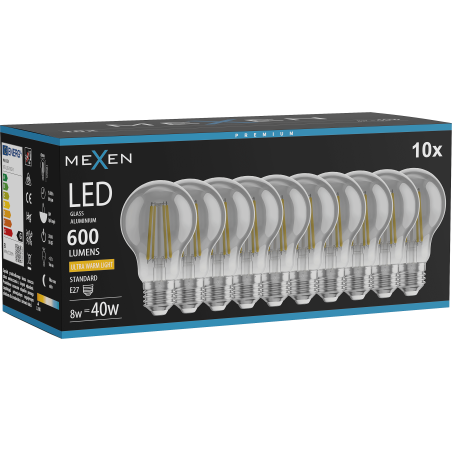 Mexen Vintis 10x LED Filament Bulb E27, A60, 8W, Warm - 2200K, 600 lm, smoke - L150-E27-0822-70x10