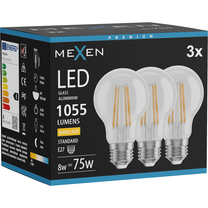 Mexen Vintis 3x LED Filament Bulb E27, A60, 8W, Warm - 2700K, 1055 lm, clear - L150-E27-0827-00x03