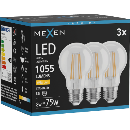 Mexen Vintis 3x LED Filament Bulb E27, A60, 8W, Warm - 2700K, 1055 lm, clear - L150-E27-0827-00x03