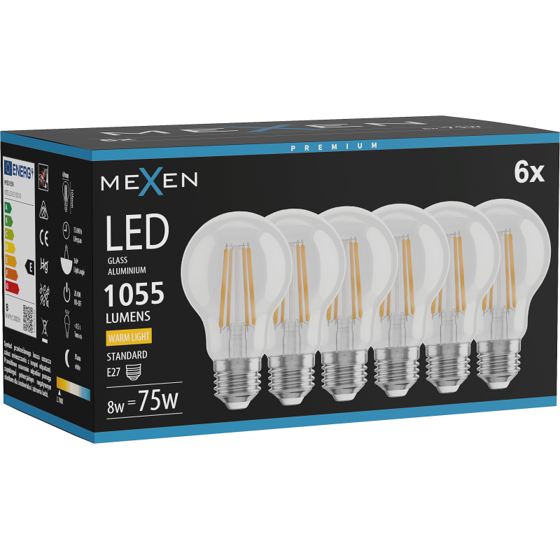 Mexen Vintis 6x LED filament bulb E27, A60, 8W, Warm - 2700K, 1055 lm, clear - L150-E27-0827-00x06