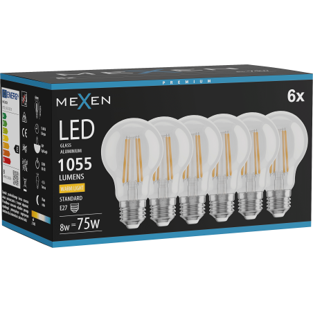 Mexen Vintis 6x LED filament bulb E27, A60, 8W, Warm - 2700K, 1055 lm, clear - L150-E27-0827-00x06