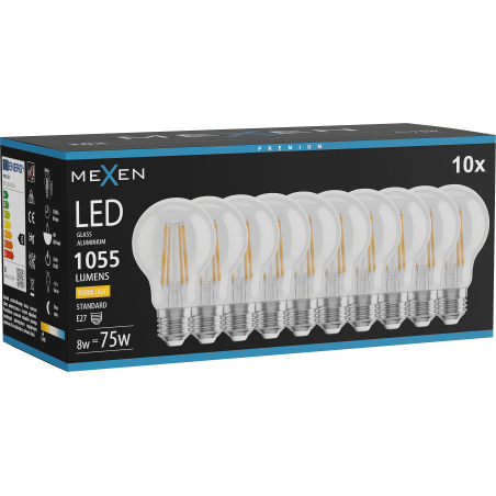 Mexen Vintis 10x LED Filament Bulb E27, A60, 8W, Warm - 2700K, 1055 lm, clear - L150-E27-0827-00x10