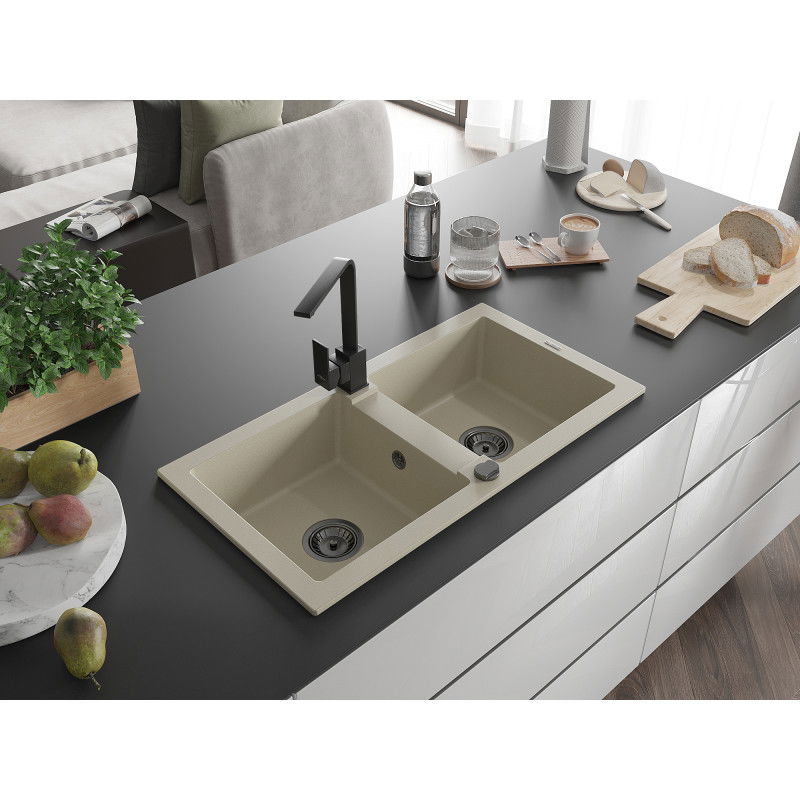 Mexen Mario granite kitchen sink 2-bowl with Rita kitchen tap, beige - 6504-69-670300-70