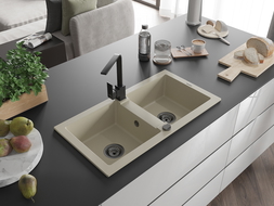 Mexen Mario granite kitchen sink 2-bowl with Rita kitchen tap, beige - 6504-69-670300-70