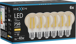 Mexen Vintis 6x LED Filament Bulb E27, A60, 8W, Warm - 2700K, 750 lm, amber - L150-E27-0822-50x06 - L150-E27-0827-50x06