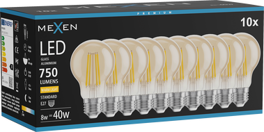 Mexen Vintis 10x LED Filament Bulb E27, A60, 8W, Warm - 2700K, 750 lm, amber - L150-E27-0822-50x10 - L150-E27-0827-50x10