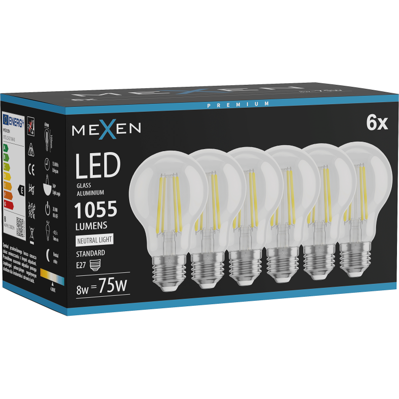 Mexen Vintis 6x LED filament bulb E27, A60, 8W, Neutral - 4000K, 1055 lm, clear - L150-E27-0840-00x06