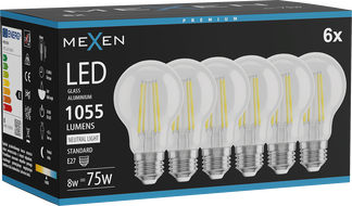 Mexen Vintis 6x LED filament bulb E27, A60, 8W, Neutral - 4000K, 1055 lm, clear - L150-E27-0840-00x06