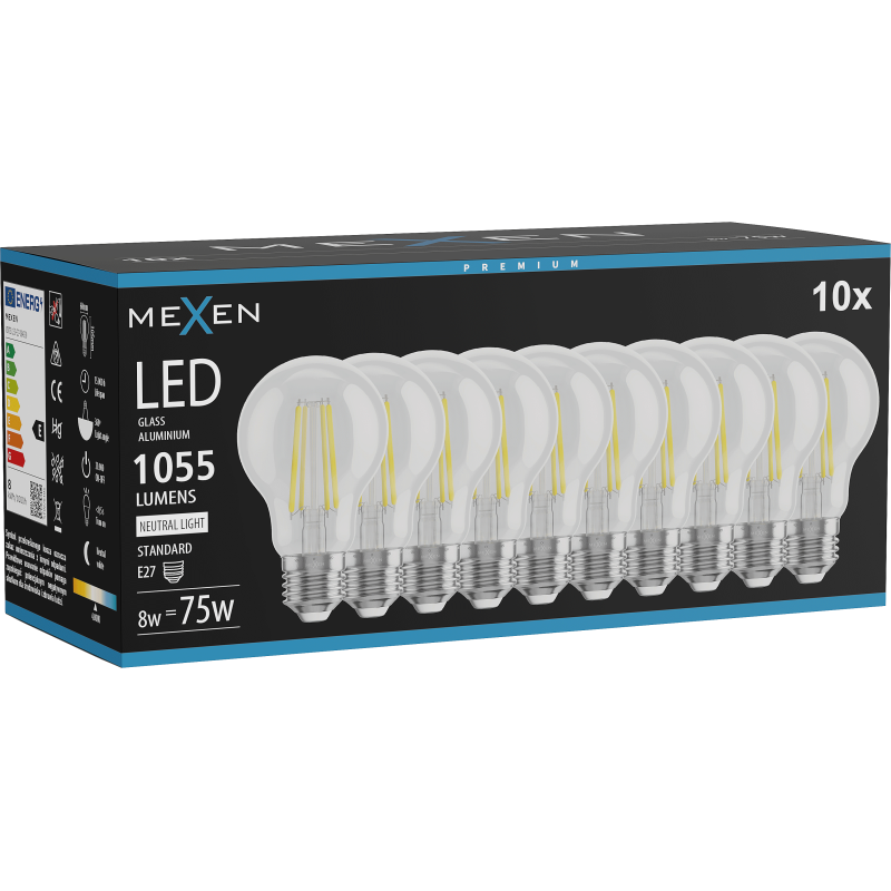 Mexen Vintis 10x LED Filament Bulb E27, A60, 8W, Neutral - 4000K, 1055 lm, clear - L150-E27-0840-00x10