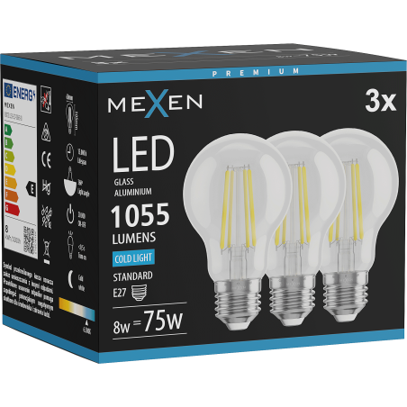 Mexen Vintis 3x LED Filament Bulb E27, A60, 8W, Cold - 6500K, 1055 lm, clear - L150-E27-0865-00x03