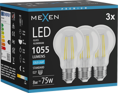 Mexen Vintis 3x LED Filament Bulb E27, A60, 8W, Cold - 6500K, 1055 lm, clear - L150-E27-0865-00x03