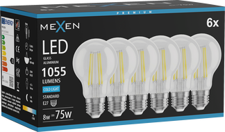 Mexen Vintis 6x LED Filament Bulb E27, A60, 8W, Cool - 6500K, 1055 lm, clear - L150-E27-0865-00x06