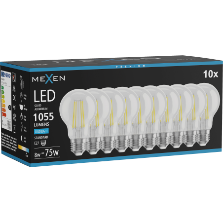 Mexen Vintis 10x LED filament bulb E27, A60, 8W, Cold - 6500K, 1055 lm, clear - L150-E27-0865-00x10