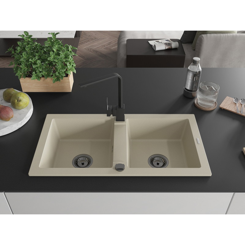 Mexen Mario 2-bowl granite sink with Rita kitchen faucet, beige - 6504-69-670300-70