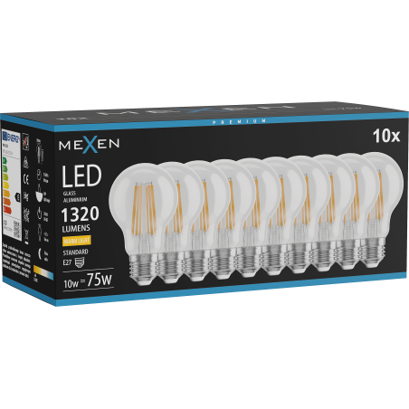 Mexen Vintis 10x LED filament bulb E27, A60, 10W, Warm - 2700K, 1320 lm, clear - L150-E27-1027-00x10