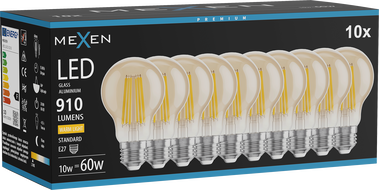 Mexen Vintis 10x LED Filament Bulb E27, A60, 10W, Warm - 2700K, 910 lm, amber - L150-E27-1027-50x10