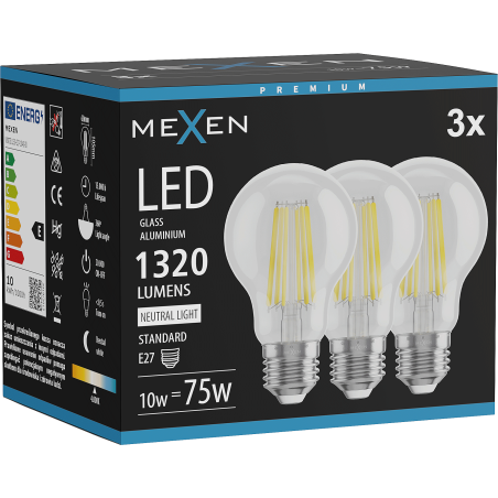Mexen Vintis 3x LED Filament Bulb E27, A60, 10W, Neutral - 4000K, 1320 lm, Clear - L150-E27-1040-00x03