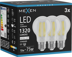 Mexen Vintis 3x LED Filament Bulb E27, A60, 10W, Neutral - 4000K, 1320 lm, Clear - L150-E27-1040-00x03