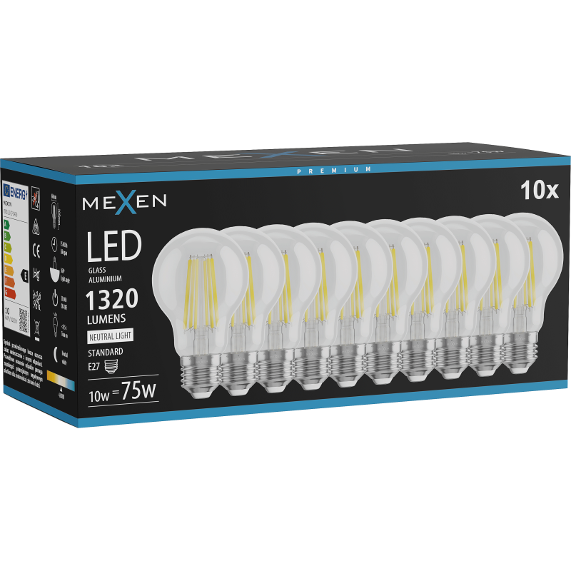 Mexen Vintis 10x LED Filament Bulb E27, A60, 10W, Neutral - 4000K, 1320 lm, clear - L150-E27-1040-00x10