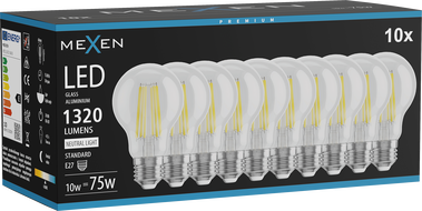 Mexen Vintis 10x LED Filament Bulb E27, A60, 10W, Neutral - 4000K, 1320 lm, clear - L150-E27-1040-00x10