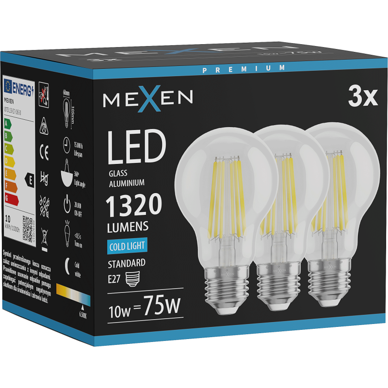 Mexen Vintis 3x LED Filament Bulb E27, A60, 10W, Cool - 6500K, 1320 lm, clear - L150-E27-1065-00x03