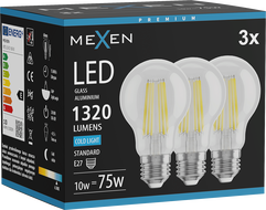 Mexen Vintis 3x LED Filament Bulb E27, A60, 10W, Cool - 6500K, 1320 lm, clear - L150-E27-1065-00x03