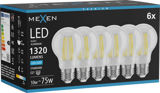 Mexen Vintis 6x LED Filament Bulb E27, A60, 10W, Cold - 6500K, 1320 lm, clear - L150-E27-1065-00x06