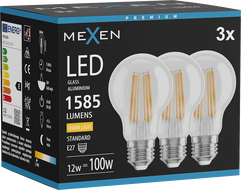 Mexen Vintis 3x LED Filament Bulb E27, A60, 12W, Warm - 2700K, 1585 lm, clear - L150-E27-1227-00x03